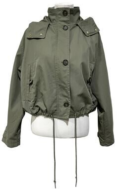 Womens Cropped Utility Jacket Sz M Cargo Coat Hood Pockets Green Adjustable H&M